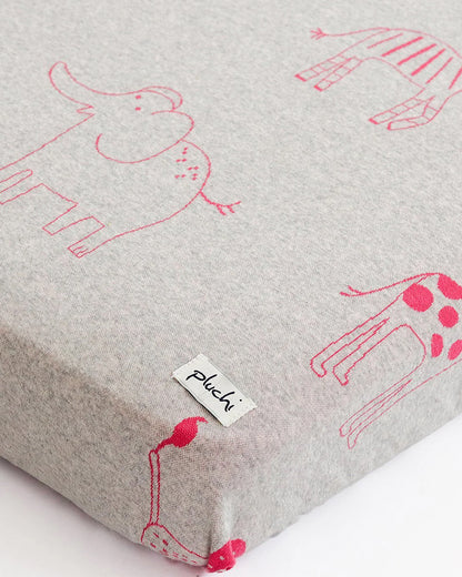 Pluchi Fitted Cot Bedsheet & Pillow Set-Knitted Cotton-Jungle Safari-Grey & Pink-For Infants