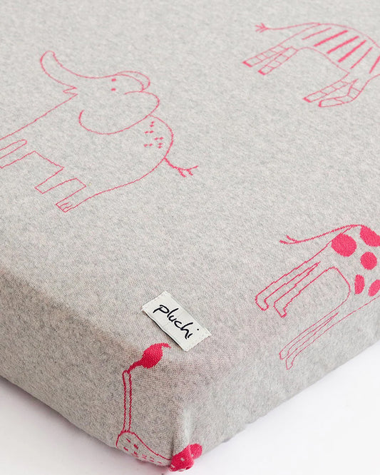 Pluchi Fitted Cot Bedsheet & Pillow Set-Knitted Cotton-Jungle Safari-Grey & Pink-For Infants