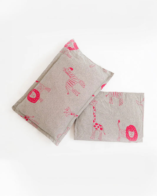 Pluchi Fitted Cot Bedsheet & Pillow Set-Knitted Cotton-Jungle Safari-Grey & Pink-For Infants