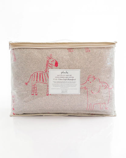 Pluchi Fitted Cot Bedsheet & Pillow Set-Knitted Cotton-Jungle Safari-Grey & Pink-For Infants
