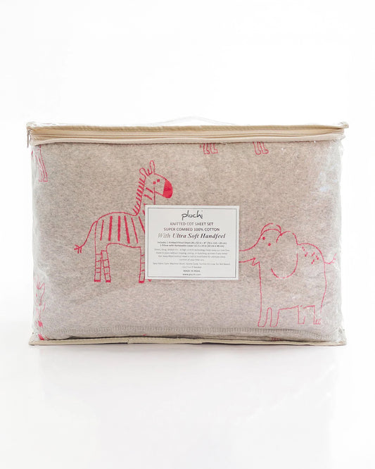 Pluchi Fitted Cot Bedsheet & Pillow Set-Knitted Cotton-Jungle Safari-Grey & Pink-For Infants