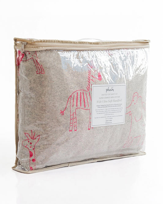 Pluchi Fitted Cot Bedsheet & Pillow Set-Knitted Cotton-Jungle Safari-Grey & Pink-For Infants