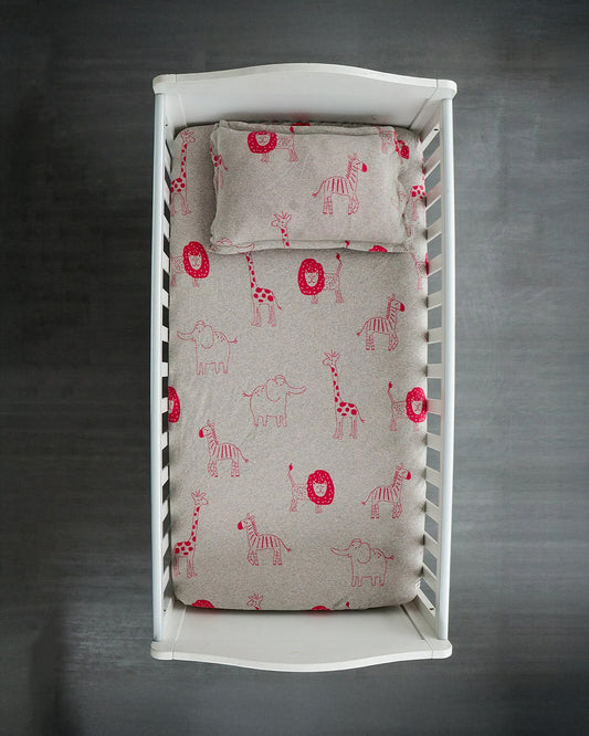 Pluchi Fitted Cot Bedsheet & Pillow Set-Knitted Cotton-Jungle Safari-Grey & Pink-For Infants