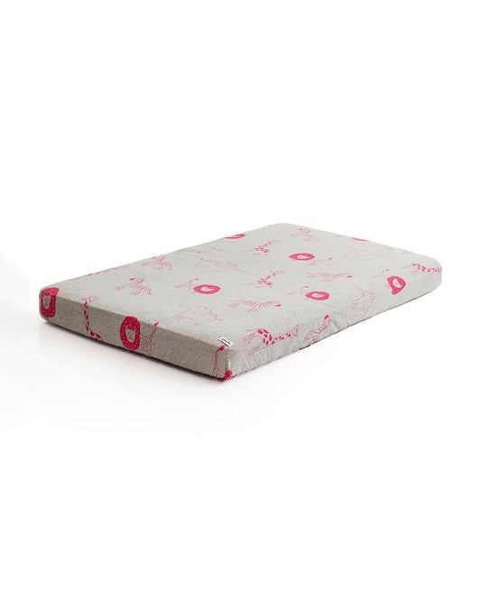 Pluchi Fitted Cot Bedsheet & Pillow Set-Knitted Cotton-Jungle Safari-Grey & Pink-For Infants