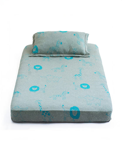 Pluchi Fitted Cot Bedsheet & Pillow Set-Knitted Cotton-Jungle Safari-Grey & Blue-For Infants