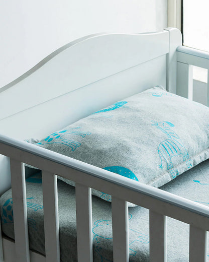 Pluchi Fitted Cot Bedsheet & Pillow Set-Knitted Cotton-Jungle Safari-Grey & Blue-For Infants