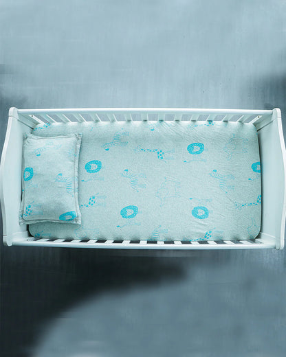 Pluchi Fitted Cot Bedsheet & Pillow Set-Knitted Cotton-Jungle Safari-Grey & Blue-For Infants