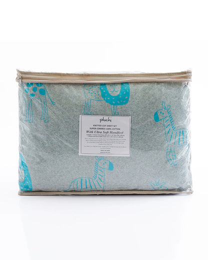 Pluchi Fitted Cot Bedsheet & Pillow Set-Knitted Cotton-Jungle Safari-Grey & Blue-For Infants