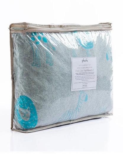 Pluchi Fitted Cot Bedsheet & Pillow Set-Knitted Cotton-Jungle Safari-Grey & Blue-For Infants