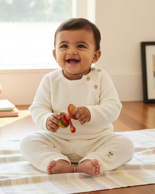 Pluchi Off White Sleepsuit-Solid-100% Cotton-For Infants