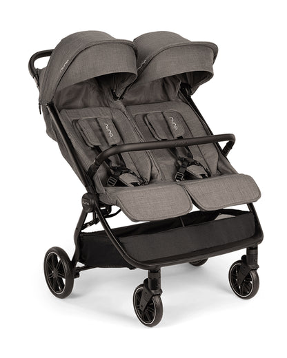 Nuna TRVL Dubl Twin Stroller-With Cup Holder-Individually Adjustable Near Flat Reclining Seat-One Hand Fold-Large Storage Basket-2 Years Warranty- For 0 to 4Y (Upto 22 Kg)-Granite