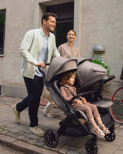 Nuna TRVL Dubl Twin Stroller-With Cup Holder-Individually Adjustable Near Flat Reclining Seat-One Hand Fold-Large Storage Basket-2 Years Warranty- For 0 to 4Y (Upto 22 Kg)-Granite