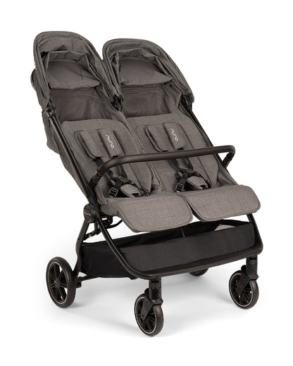 Nuna TRVL Dubl Twin Stroller-With Cup Holder-Individually Adjustable Near Flat Reclining Seat-One Hand Fold-Large Storage Basket-2 Years Warranty- For 0 to 4Y (Upto 22 Kg)-Granite