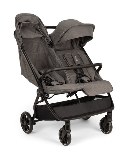 Nuna TRVL Dubl Twin Stroller-With Cup Holder-Individually Adjustable Near Flat Reclining Seat-One Hand Fold-Large Storage Basket-2 Years Warranty- For 0 to 4Y (Upto 22 Kg)-Granite