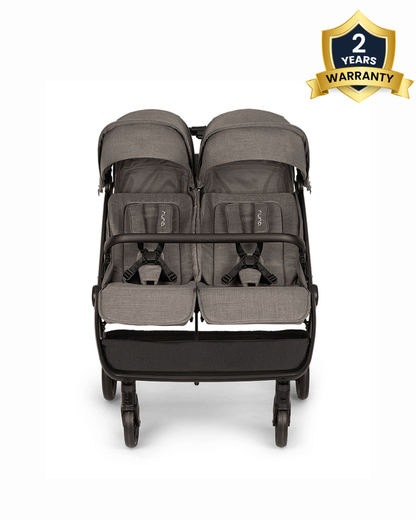 Nuna TRVL Dubl Twin Stroller-With Cup Holder-Individually Adjustable Near Flat Reclining Seat-One Hand Fold-Large Storage Basket-2 Years Warranty- For 0 to 4Y (Upto 22 Kg)-Granite