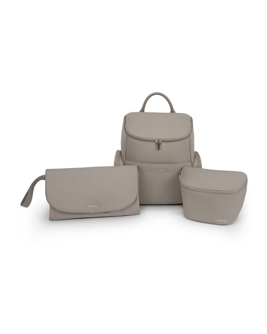 Nuna Essential Diaper Bag-Backpack-Changing Pad With Magnetic Closure-Removable Toiletry Pouch-Back Pocket Unzips Into Trolley Sleeve-Taupe