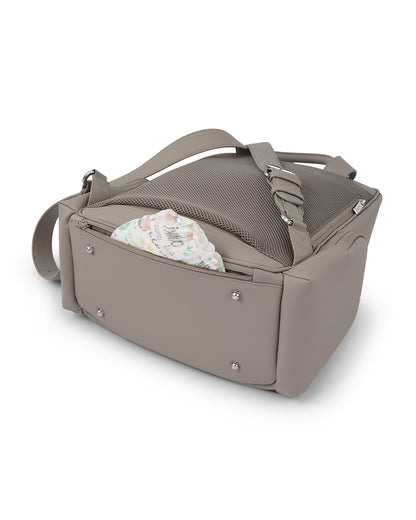 Nuna Essential Diaper Bag-Backpack-Changing Pad With Magnetic Closure-Removable Toiletry Pouch-Back Pocket Unzips Into Trolley Sleeve-Taupe