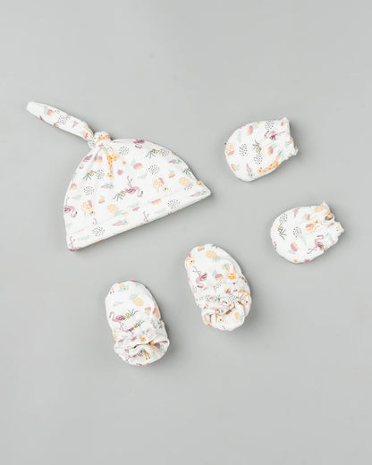 Beelittle White Caps, Booties & Mittens Set-Pine Flamingo-Cotton-For Infants