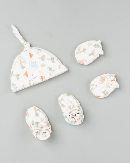 Beelittle White Caps, Booties & Mittens Set-Jurassic Friends-Cotton-For Infants