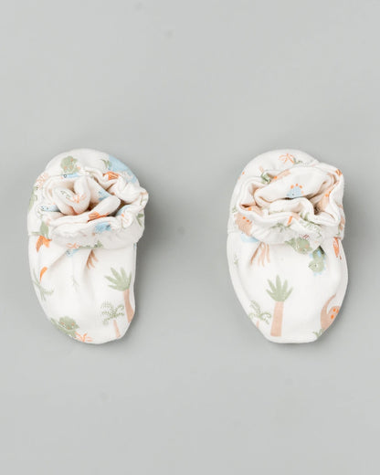 Beelittle White Caps, Booties & Mittens Set-Jurassic Friends-Cotton-For Infants