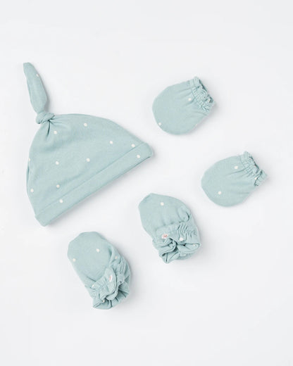 Beelittle Light Blue Caps, Booties & Mittens Set-Polka Dots-Cotton-For Infants