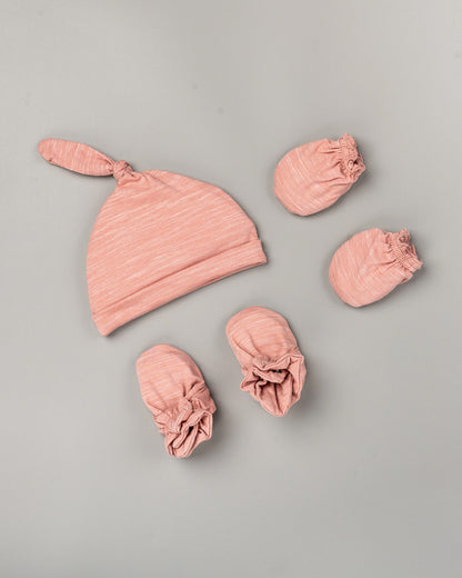 Beelittle Peach Pink Caps, Booties & Mittens Set-Solid-Cotton-For Infants