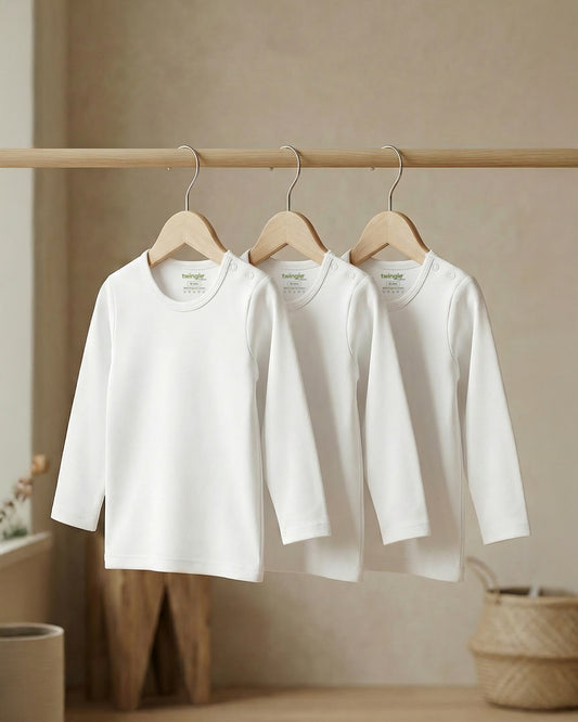 Twingle 100% Organic Cotton Vest-Round Neck-No Itchy Tags-Long Sleeves-Solid-White-Pack of 3-For Infants