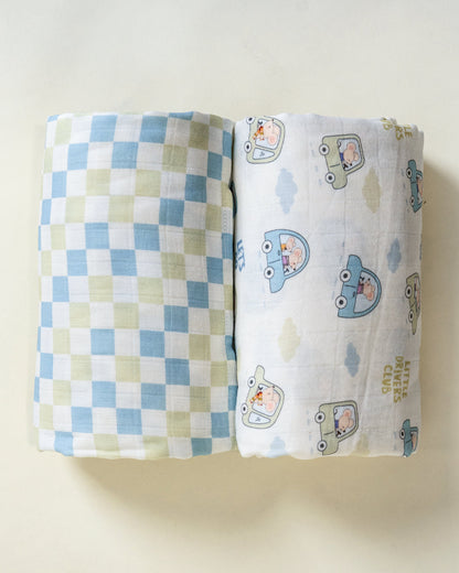 Twingle 100% Organic Muslin Swaddle & Blanket Set-Little Drivers-Generously Sized Swaddles & 4-Layer Muslin Blanket-All-Season Comfort-White & Blue-For Infants