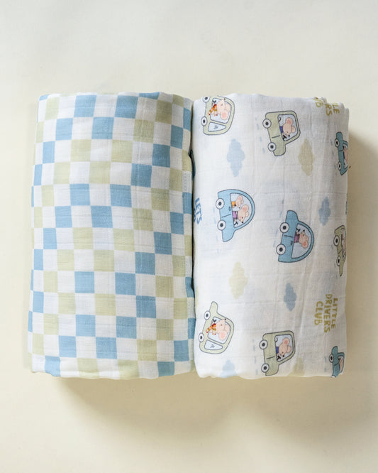 Twingle 100% Organic Muslin Swaddles-Bigger than Standard Swaddles-Supports Natural Airflow-Soft Gentle Edges-Little Drivers & Checkered Chaos Print-White & Blue-Pack of 2-Infant Wraps