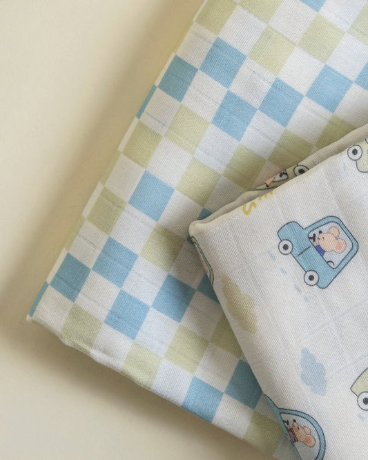 Twingle 100% Organic Muslin Swaddles-Bigger than Standard Swaddles-Supports Natural Airflow-Soft Gentle Edges-Little Drivers & Checkered Chaos Print-White & Blue-Pack of 2-Infant Wraps