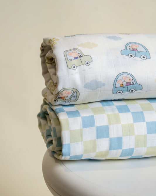 Twingle 100% Organic Muslin Swaddles-Bigger than Standard Swaddles-Supports Natural Airflow-Soft Gentle Edges-Little Drivers & Checkered Chaos Print-White & Blue-Pack of 2-Infant Wraps