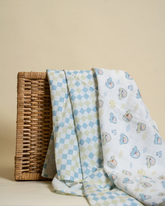 Twingle 100% Organic Muslin Swaddle & Blanket Set-Little Drivers-Generously Sized Swaddles & 4-Layer Muslin Blanket-All-Season Comfort-White & Blue-For Infants