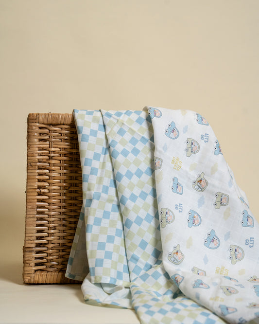 Twingle 100% Organic Muslin Swaddles-Bigger than Standard Swaddles-Supports Natural Airflow-Soft Gentle Edges-Little Drivers & Checkered Chaos Print-White & Blue-Pack of 2-Infant Wraps