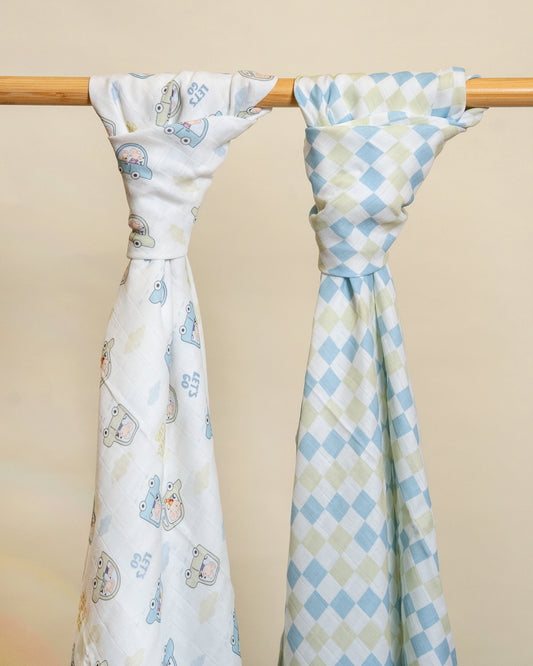 Twingle 100% Organic Muslin Swaddles-Bigger than Standard Swaddles-Supports Natural Airflow-Soft Gentle Edges-Little Drivers & Checkered Chaos Print-White & Blue-Pack of 2-Infant Wraps