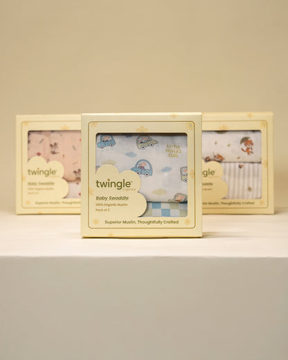 Twingle 100% Organic Muslin Swaddles-Bigger than Standard Swaddles-Supports Natural Airflow-Soft Gentle Edges-Little Drivers & Checkered Chaos Print-White & Blue-Pack of 2-Infant Wraps