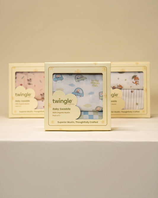 Twingle 100% Organic Muslin Swaddles-Bigger than Standard Swaddles-Supports Natural Airflow-Soft Gentle Edges-Little Drivers & Checkered Chaos Print-White & Blue-Pack of 2-Infant Wraps
