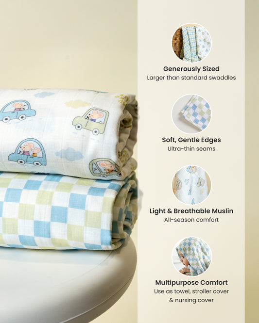 Twingle 100% Organic Muslin Swaddles-Bigger than Standard Swaddles-Supports Natural Airflow-Soft Gentle Edges-Little Drivers & Checkered Chaos Print-White & Blue-Pack of 2-Infant Wraps