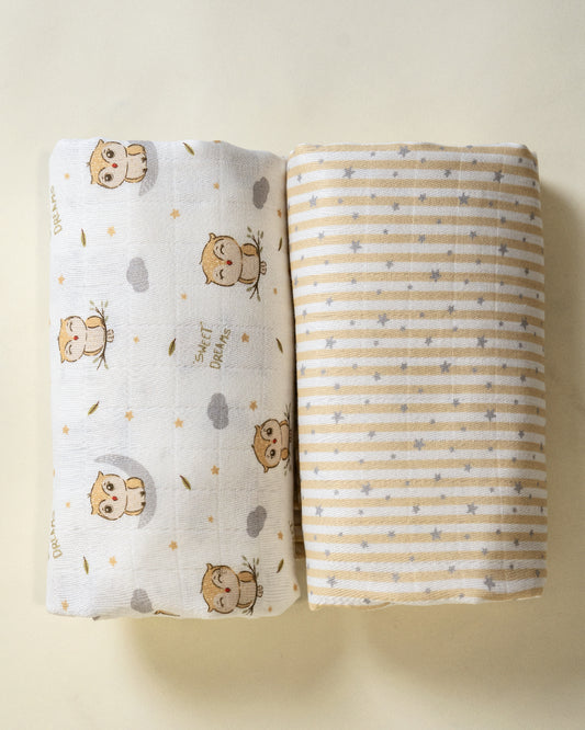 Twingle 100% Organic Muslin Swaddles-Bigger than Standard Swaddles-Supports Natural Airflow-Soft Gentle Edges-Sleepy Owls & Starlight Print-White & Beige-Pack of 2-Infant Wraps