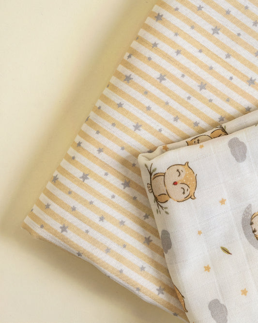 Twingle 100% Organic Muslin Swaddles-Bigger than Standard Swaddles-Supports Natural Airflow-Soft Gentle Edges-Sleepy Owls & Starlight Print-White & Beige-Pack of 2-Infant Wraps