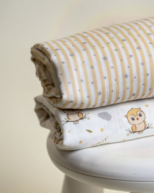 Twingle 100% Organic Muslin Swaddles-Bigger than Standard Swaddles-Supports Natural Airflow-Soft Gentle Edges-Sleepy Owls & Starlight Print-White & Beige-Pack of 2-Infant Wraps