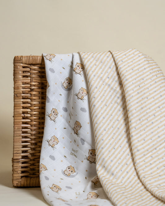 Twingle 100% Organic Muslin Swaddles-Bigger than Standard Swaddles-Supports Natural Airflow-Soft Gentle Edges-Sleepy Owls & Starlight Print-White & Beige-Pack of 2-Infant Wraps