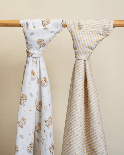 Twingle 100% Organic Muslin Swaddle & Blanket Set-Sleepy Owls-Generously Sized Swaddles & 4-Layer Muslin Blanket-All-Season Comfort-White & Beige-For Infants