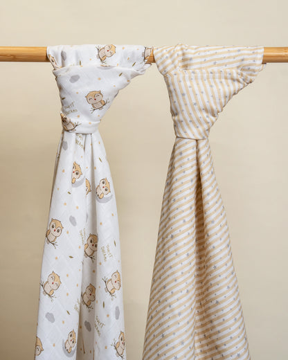 Twingle 100% Organic Muslin Swaddles-Bigger than Standard Swaddles-Supports Natural Airflow-Soft Gentle Edges-Sleepy Owls & Starlight Print-White & Beige-Pack of 2-Infant Wraps
