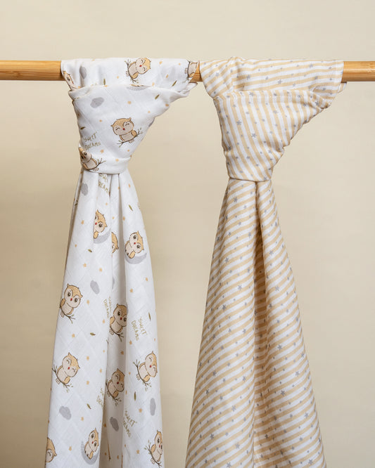 Twingle 100% Organic Muslin Swaddles-Bigger than Standard Swaddles-Supports Natural Airflow-Soft Gentle Edges-Sleepy Owls & Starlight Print-White & Beige-Pack of 2-Infant Wraps