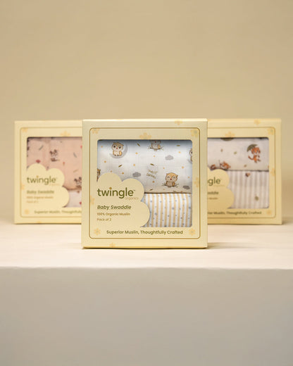 Twingle 100% Organic Muslin Swaddle & Blanket Set-Sleepy Owls-Generously Sized Swaddles & 4-Layer Muslin Blanket-All-Season Comfort-White & Beige-For Infants