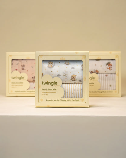 Twingle 100% Organic Muslin Swaddles-Bigger than Standard Swaddles-Supports Natural Airflow-Soft Gentle Edges-Sleepy Owls & Starlight Print-White & Beige-Pack of 2-Infant Wraps
