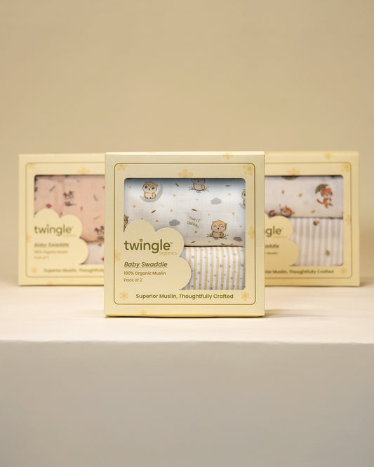 Twingle 100% Organic Muslin Swaddles-Bigger than Standard Swaddles-Supports Natural Airflow-Soft Gentle Edges-Sleepy Owls & Starlight Print-White & Beige-Pack of 2-Infant Wraps