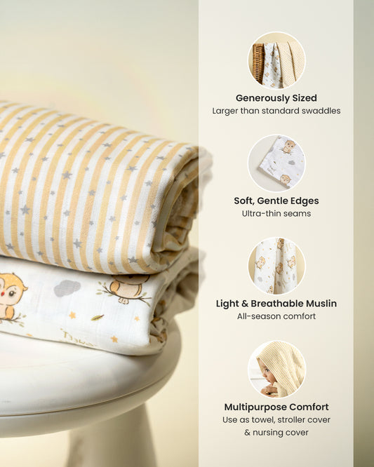 Twingle 100% Organic Muslin Swaddles-Bigger than Standard Swaddles-Supports Natural Airflow-Soft Gentle Edges-Sleepy Owls & Starlight Print-White & Beige-Pack of 2-Infant Wraps