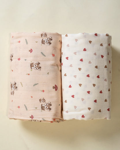 Twingle 100% Organic Muslin Swaddles-Bigger than Standard Swaddles-Supports Natural Airflow-Soft Gentle Edges-Mama Deer & Tiny Hearts Print-White & Pink-Pack of 2-Infant Wraps