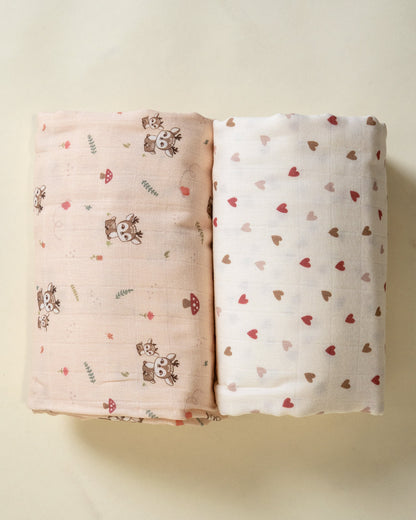 Twingle 100% Organic Muslin Swaddle & Blanket Set-Mama Deer-Generously Sized Swaddles & 4-Layer Muslin Blanket-All-Season Comfort-White & Pastel Pink-For Infants